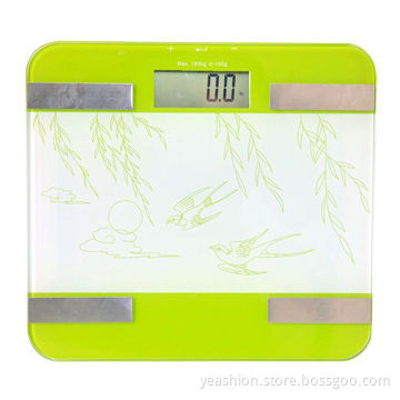 Square digital body fat weighing scales, CE/RoHS, tempered glass platform, big LCD screen